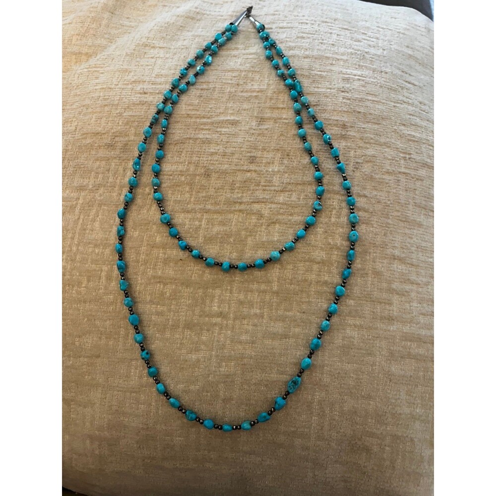 Vintage Genuine Turquoise Sterling Silver 2 strand bead necklace Native American - Picture 5 of 11